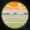 Telescope view, romantic landscape with sea and mountains, orange sunrise, image in soft pastel colors