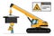 Telescopic crane on caterpillars. Warning Overhead load. Work accident. Worker with personal protective equipment. Industrial