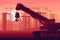 Telescopic crawler crane in a sunset with heavy construction and mining machinery