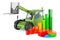 Telescopic handlers with growth bar graph and pie chart. 3D rendering