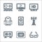 Television line icons. linear set. quality vector line set such as d glasses, usb port, screen ratio, tv, smartphone, armchair, hd