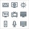 television line icons. linear set. quality vector line set such as tv, mic, remote control, technical, old tv, online shopping,