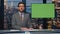 Television presenter point green screen talk evening news. Man ending newscast