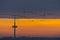 Television and radio broadcast tower on hill over the city of Regensburg with flying swarm of birds during colorful winter sunrise