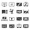 Television, screen, display line and bold icons set isolated on white. Tv, multimedia, hd pictograms.