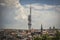 Televison tower in stormy Prague cityscape