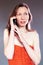 Teleworking worried woman phone call on mobile phone