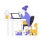 Teleworking with Young Woman Sitting at Desk with Laptop Working from Home Vector Illustration