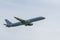 TELFORD, UK, JUNE 09, 2018, A Boeing 757-200 representing the Royal New Zealand Air Force flies overhead under blue skies to