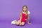 Tell me your story. Girl happy face sit on floor ready listen story violet background. Kid girl with long hair cute