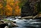 Tellico River autumn colors with blurred rushing water.
