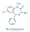 Temazepam benzodiazepine drug molecule. Used as hypnotic, anxiolytic and anticonvulsant drug. Skeletal formula.