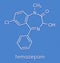 Temazepam benzodiazepine drug molecule. Used as hypnotic, anxiolytic and anticonvulsant drug. Skeletal formula.