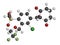 Tembotrione herbicide molecule. 3D rendering. Atoms are represented as spheres with conventional color coding: hydrogen white,.