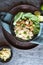 Tempeh with rice, bok choy, steamed broccoli and bamboo shoots