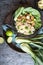 Tempeh with rice, bok choy, steamed broccoli and bamboo shoots