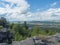 Tempelwand sandstone viewpoint next to hill Topfer near Oybin with view of Zittau town at Poland German borders in