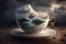 Tempest in a teacup. Storm at sea with tiny wooden ship inside a delicate tea cup and saucer. Storm clouds. Abstract.