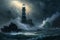In this tempestuous setting, a lighthouse is surrounded by thunder, lightning, and towering waves. AI