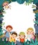 Template for advertising brochure with cartoon of happy children camping or traveling in the forest