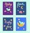 Template baby shower. Postcards with a sheep, moon, stars, pink clouds. Sample text. Decoration nursery. Party cards