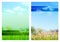 Template and background cover design, media, advertising in environmental nature theme set with sky cloud and field in green and