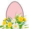 Template banner Easter egg bouquet dandelions and daisies, grass, green nature background. Vector, illustration