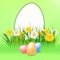 Template banner Easter eggs bouquet with flowers bouquet dandelions and daisies, chamomiles, grass. Vector illustration