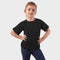 Template of branded childrenâ€™s clothing on a cute baby in blue jeans, posing, front view, empty kidswear on a background in the