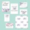 Template cards set with watercolor flower bouquets in pink and purple shades