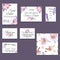 Template cards set with watercolor purple posies