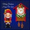 Template Christmas greeting card with Nutcracker and vintage cuckoo clocks on a blue background. Vector illustration.