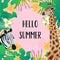 Template design card with cartoon style icons of zebra, giraffe in jungle. Cute characters in frame with text