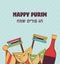 Template design with traditional objects for Jewish holiday Purim. Happy Purim in Hebrew