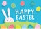 Template Easter Card with origami artwork.Cute bunny with colorful Easter eggs falling down on greenery field. Vector illustration