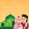 Template Eid al-Fitr greeting cards. With illustrations of a mosque and a husband and wife.