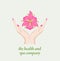 Template with female hands holding abstract pink orchid flower for healthcare, spa and massage salon, cosmetics, beauty industry l