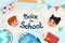 Template in flat cartoon style for back to school banner with children and school supplies