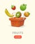 Template with floating realistic fruits. Shopping cart, 3D strawberry, apple, banana, kiwi, orange