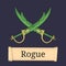 Template of Game Character, Class. Rogue, Thief, Knave Classes. Attributes of rogue isolated on dark background. Vector