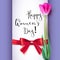 Template greeting card with Tulip and red bow. Happy women s day, congratulations for nice and lovely people. Realistic