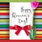 Template greeting card with Tulip and red bow. Happy women s day, congratulations for nice and lovely people. Realistic
