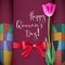 Template greeting card with Tulip and red bow. Happy women s day, congratulations for nice and lovely people. Realistic