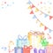 Template Happy birthday watercolor postcard. Festive giftboxes and garlands of flags, streamers, ribbons and confetti