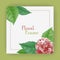 Template for invitation, greeting card, decorated with violet flowers of roses, beautiful green leaves and a circle frame. Warm