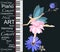 Template for musical banner with abstract text, flowers and cute little fairy girl playing on piano keyboard
