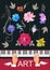 Template for musical banner with piano keyboard, winged hands, cute little fairy and elf, trble clef and musical notes as flowers