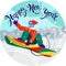 Template of New Year`s card. Mouse - Snowboarder in Santa Claus hat is making a snowboard jump from a mountain slope and shows cla