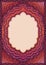 Template with an oval window for writing text, with Oriental patterns. The colors are violet, Magenta, and crimson.