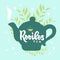 Template of package with hand draw teapot, text Rooibos tea, vapor, leaves, hearts blue background. Vector